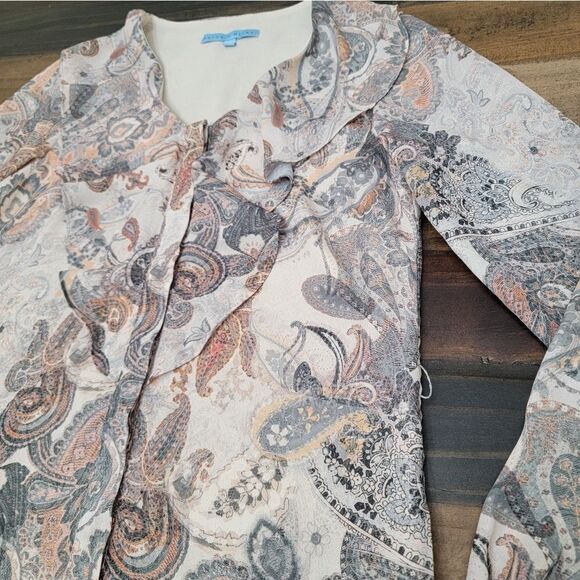 Antonio Melani Boho Long Sleeve Paisley Brown Mid Dress Full Button Down Size 0 - Picture 3 of 7